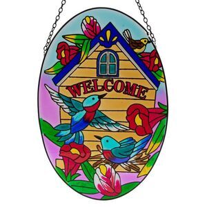 Welcome Spring Bluebird & Floral Suncatcher 12-Inch Oval Hanging Sign